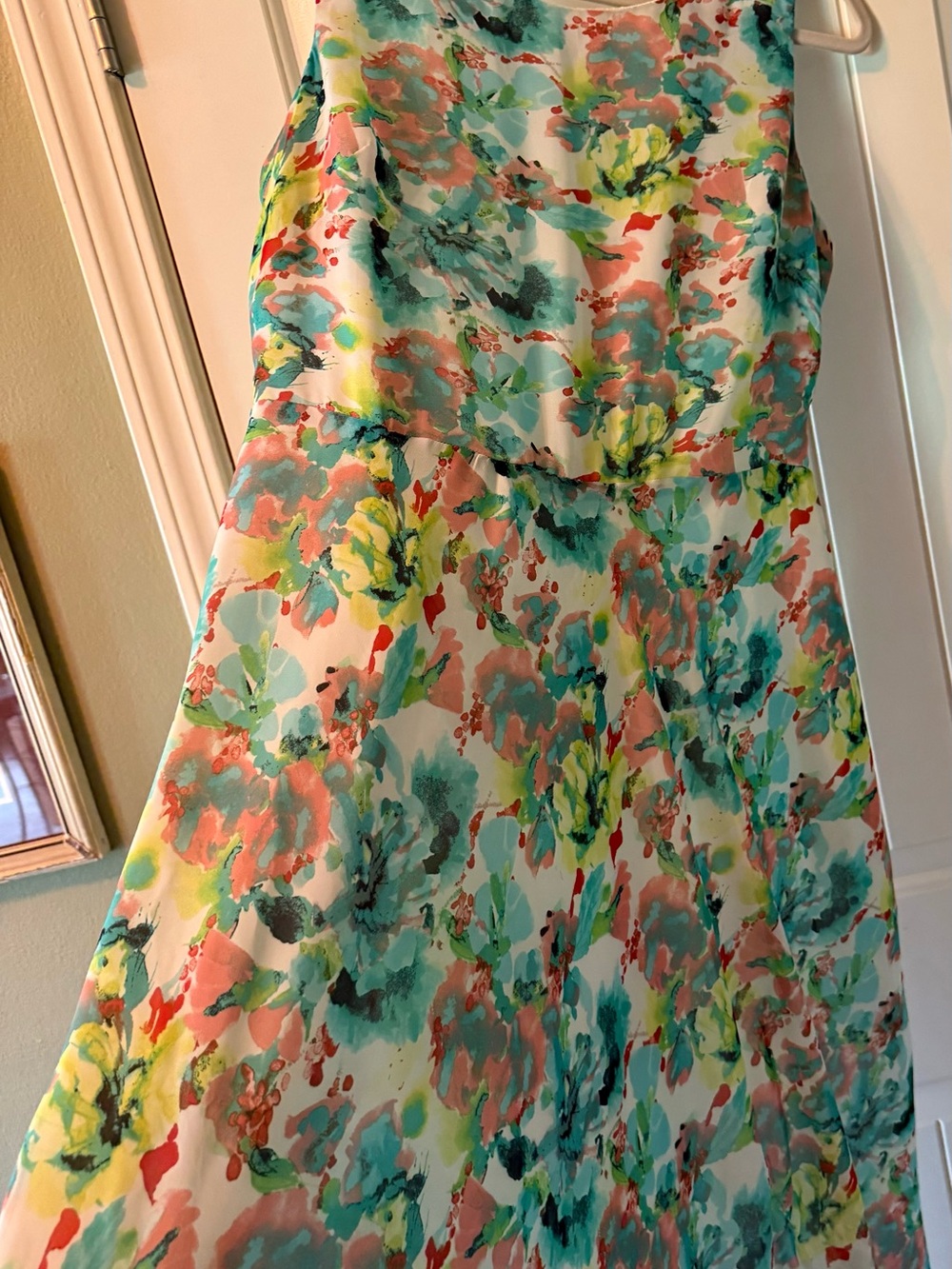 Floral Watercolor A-Line Sundress in Teal & Coral - Picture 3 of 11